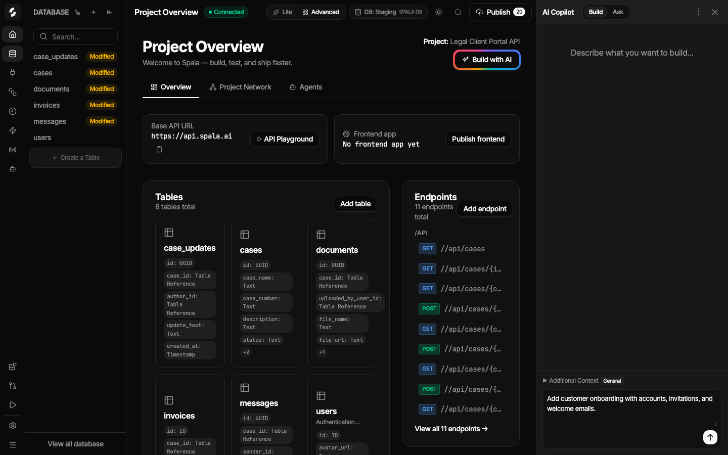 Spala AI Copilot open beside the current project