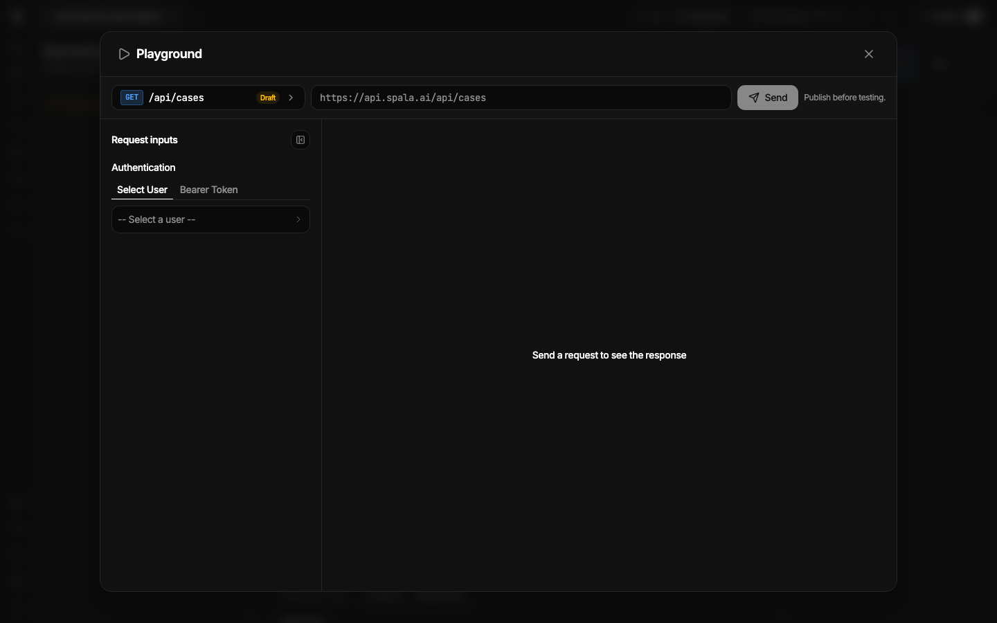 Spala API Playground showing a backend request