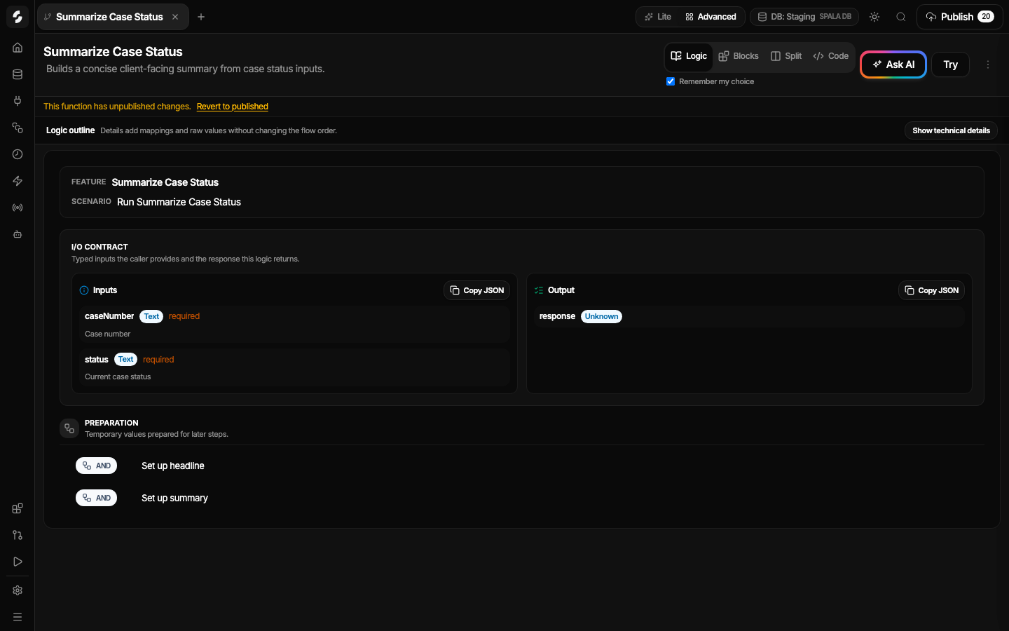 Spala backend function logic with inputs, outputs, and ordered steps