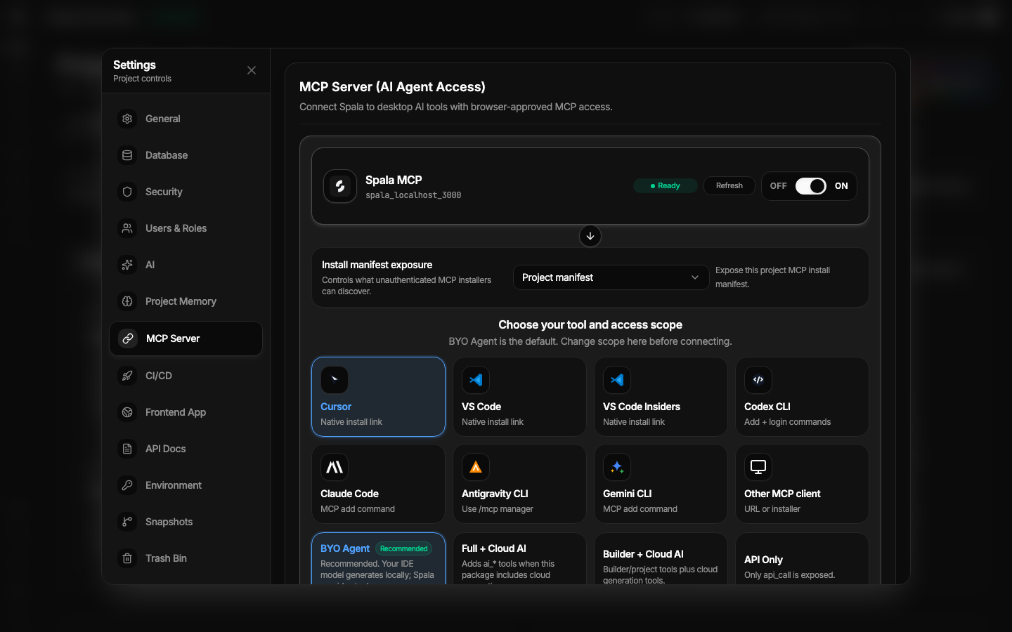 Spala project MCP settings and coding-agent clients