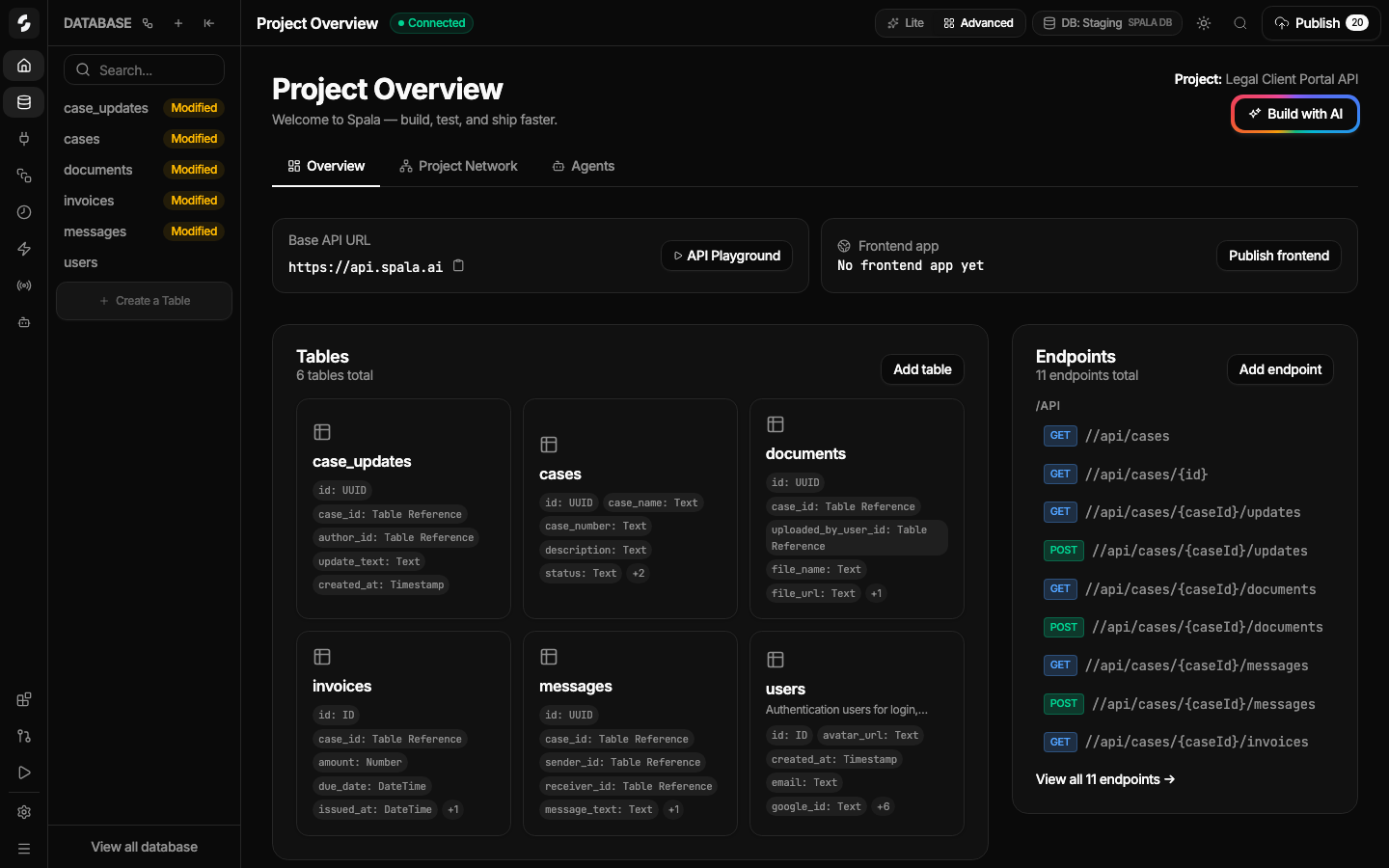 Spala project overview showing backend tables and endpoints
