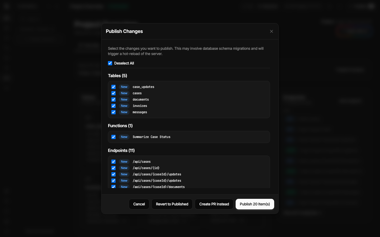 Spala publish review showing selected tables, functions, and endpoints